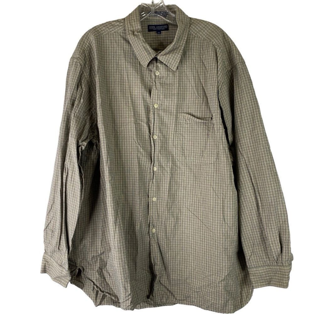 John Ashford Green Blue Tan Plaid Button Down Cotton Long Sleeve Shirt XXL